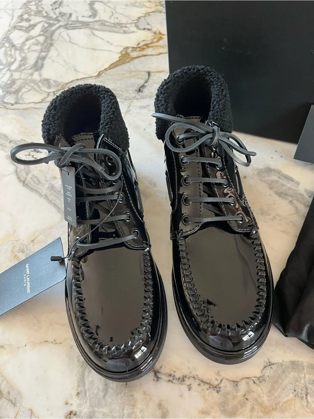 Saint Laurent Men’s Black Patent Leather Shearling Hi-Top Sneakers size 40 US 7